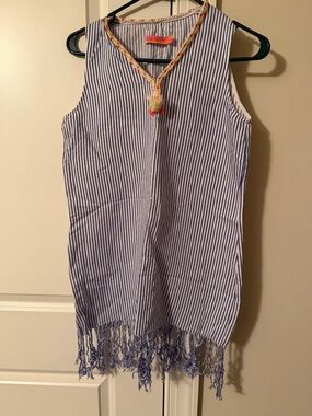 VILAGALLO Blue Stripe Viscose Linen IRIS Fringe Hem Mini Dress or coverup
